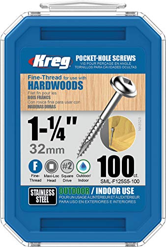 Kreg SML-F125S5-100 305 Stainless-Steel Pocket Screws, 1-1/4" #7 Fine-Thread, Washer-Head (100 Count)