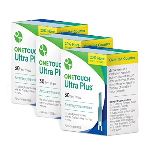 OneTouch Ultra Plus Flex Test Strips for Diabetes - Diabetic Test Strips for Blood Sugar Monitor | at Home Self Glucose Testing | 3 Packs, 30 Test Strips Per Pack