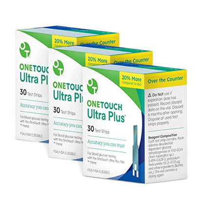 OneTouch Ultra Plus Flex Test Strips for Diabetes - Diabetic Test Strips for Blood Sugar Monitor | at Home Self Glucose Testing | 3 Packs, 30 Test Strips Per Pack