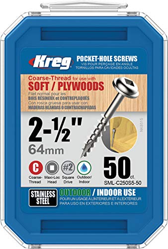 Kreg SML-C250S5-50 Stainless Steel Pocket Screws, 2-1/2 Inch #10 Coarse, Maxi-Loc Head (50 Count)