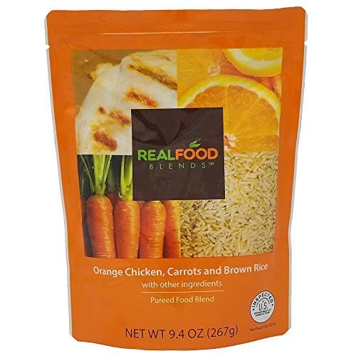 Real Food Blends Orange Chicken, Carrots & Brown Rice Pureed Blended Meal for Feeding Tubes, 9.4 oz Pouch (Pack of 12 Pouches)