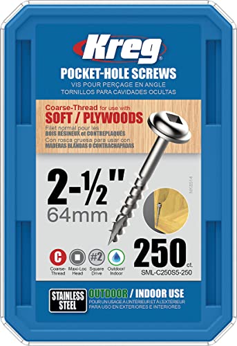 Kreg SML-C250S5-250 Stainless Steel Pocket Screws, 2 1/2 Inch, 10 Coarse, Maxi-Loc Head (250 Count)