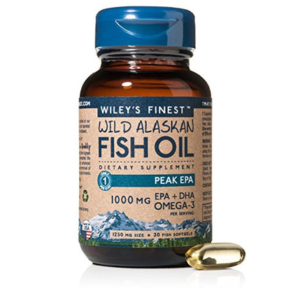 Wiley's Finest Wild Alaskan Fish Oil - 3X Triple Strength Peak EPA DHA, 1000mg Omega-3s, SQF-Certified, 30 Softgels
