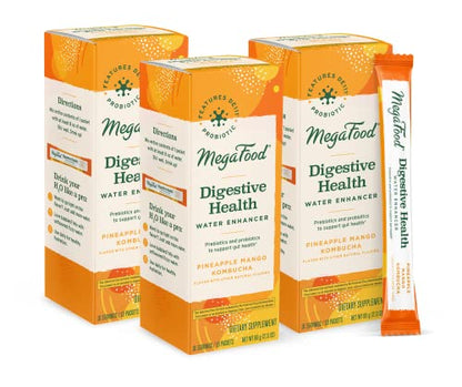 MegaFood Digestive Health Water Enhancer - Prebiotics & Probiotics for Women & Men - Support Gut Health with 2 Billion CFU - Pineapple Mango Kombucha Powder - 10 Count (Pack of 3)