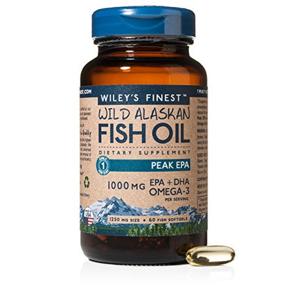 Wiley's Finest Wild Alaskan Fish Oil - 3X Triple Strength Peak EPA DHA, 1000mg Omega-3s, SQF-Certified, 60 Softgels