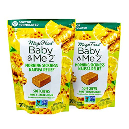 MegaFood Baby & Me 2 Morning Sickness Nausea Relief Soft Chews - Dr Formulated with Organic Ginger and Vitamin B6 - Gluten-Free, Non-GMO, Vegetarian - Honey Lemon Ginger Flavor - 30 Chews (Pack of 2)
