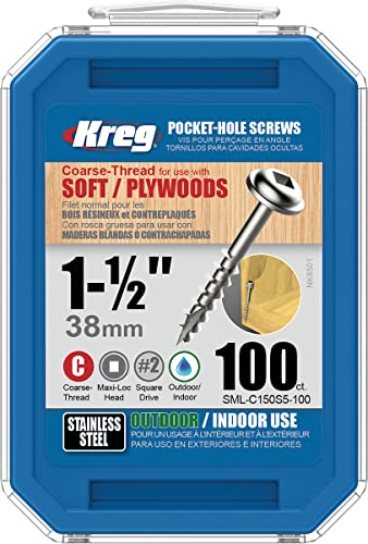Kreg SML-C150S5-100 305 Stainless Steel Pocket Hole Screws - 1 1/2", 8 Coarse, Washer Head, 100 count