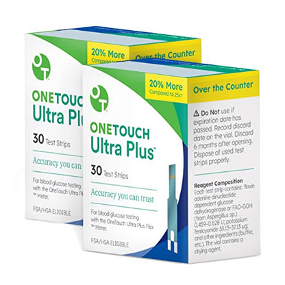 OneTouch Ultra Plus Flex Test Strips for Diabetes - Diabetic Test Strips for Blood Sugar Monitor | at Home Self Glucose Testing| 2 Packs, 30 Test Strips Per Pack