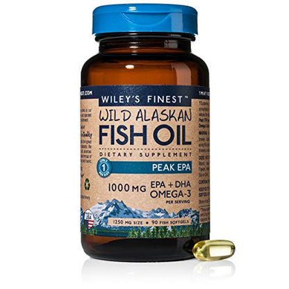 Wiley's Finest Wild Alaskan Fish Oil - 3X Triple Strength Peak EPA DHA, 1000mg Omega-3s, SQF-Certified, 90 Softgels