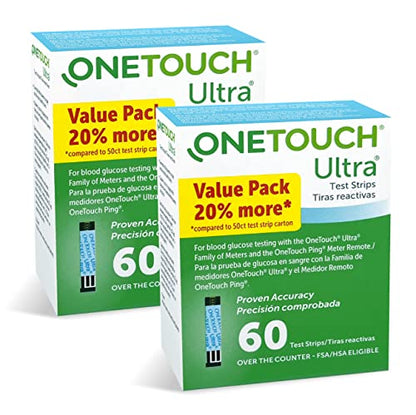 OneTouch Ultra Test Strips for Diabetes - 120 Count | Diabetic Test Strips for Blood Sugar Monitor | Glucose Test Strips for Blood Glucose Meter | 2 Boxes, 60 Test Strips Each
