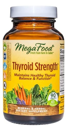 MegaFood Thyroid Strength - Mineral Supplement for Thyroid Support with Ashwagandha, Zinc, Iodine, L-Tyrosine, Selenium, and Copper - Gluten-Free - Made without Dairy - Vegan - 90 Tabs (45 Servings)