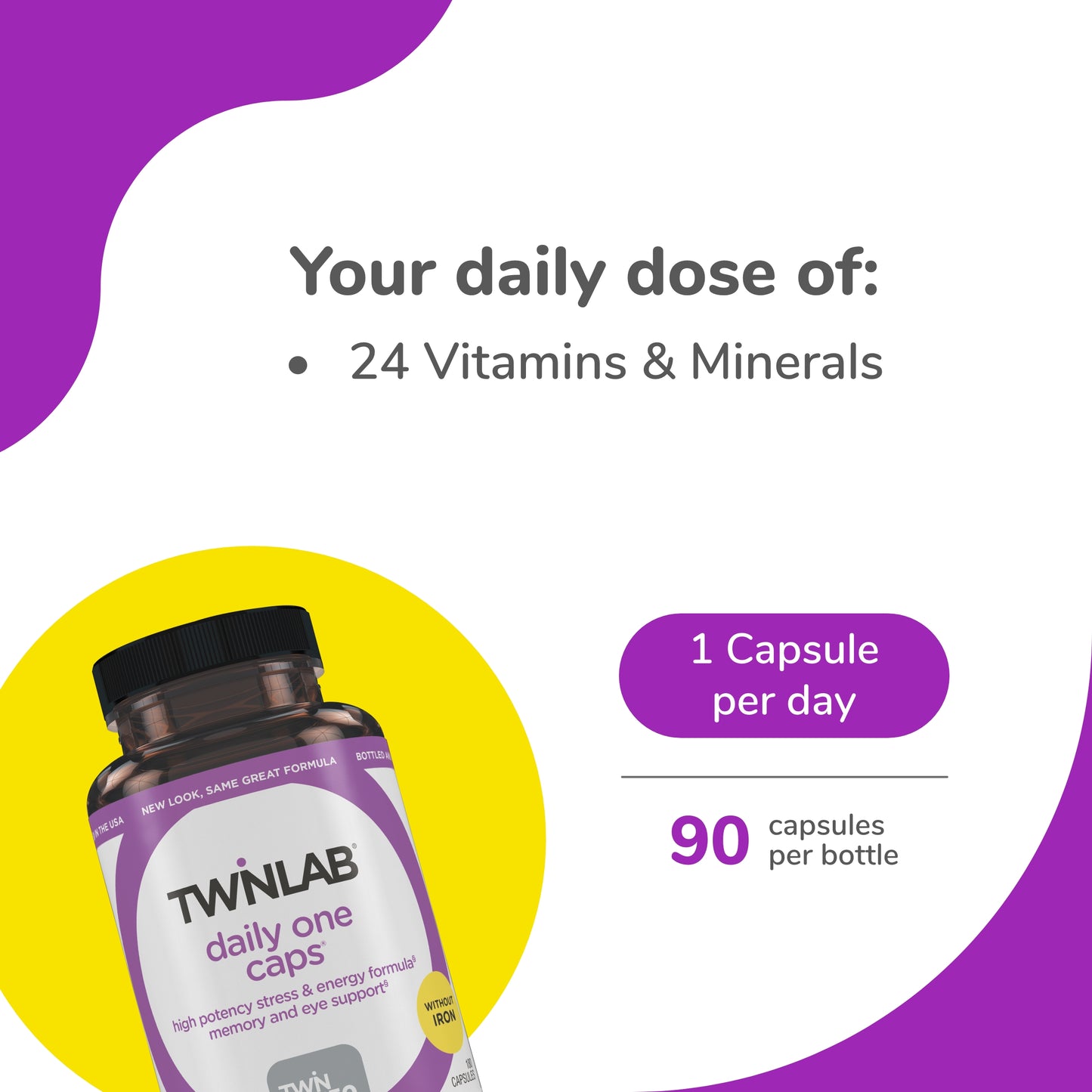 Twinlab Daily One Caps Without Iron - Daily Multivitamin for Women & Men with 25 Essential Vitamins and Minerals - Vitamins for Energy, Immune Support, Stress Relief, Eye Health 180 Caps