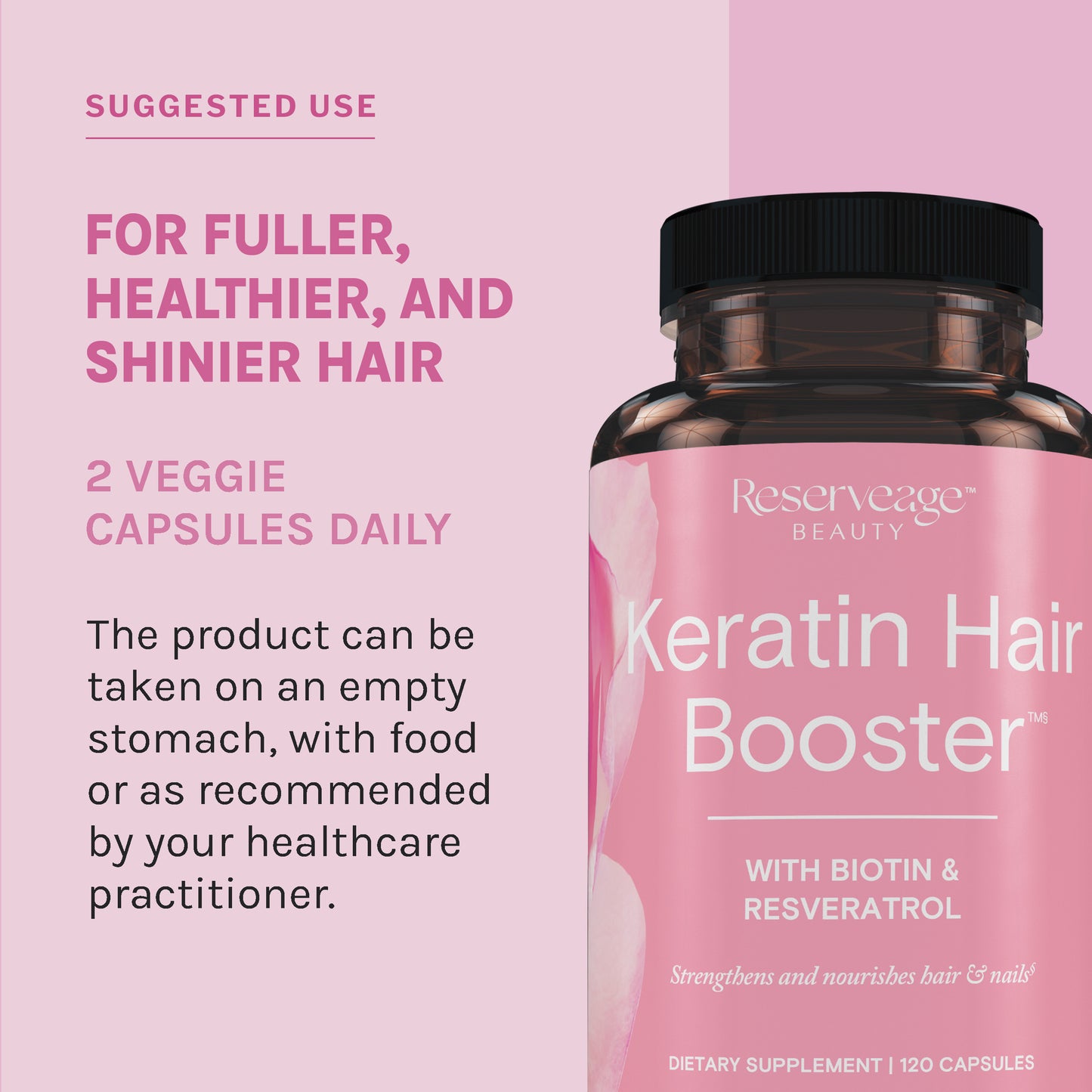 Reserveage, Keratin Hair Booster, Hair and Nails Supplement, Supports Healthy Thickness and Shine with Biotin, 120 capsules (60 servings)