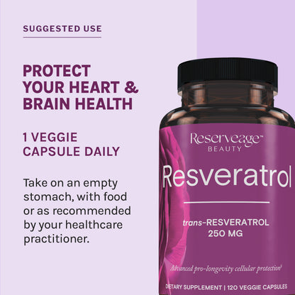 Reserveage, Resveratrol 250 mg, Antioxidant Supplement for Heart and Cellular Health, Supports Healthy Aging, Paleo, Keto, 120 Capsules