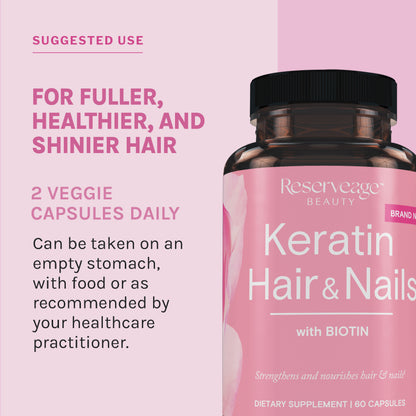 Reserveage Beauty, Keratin Hair Booster with Biotin, Hair and Nail Growth Supplement for Men and Women, Supports Healthy Thickness and Shine with Biotin, 60 Capsules (30 Servings)