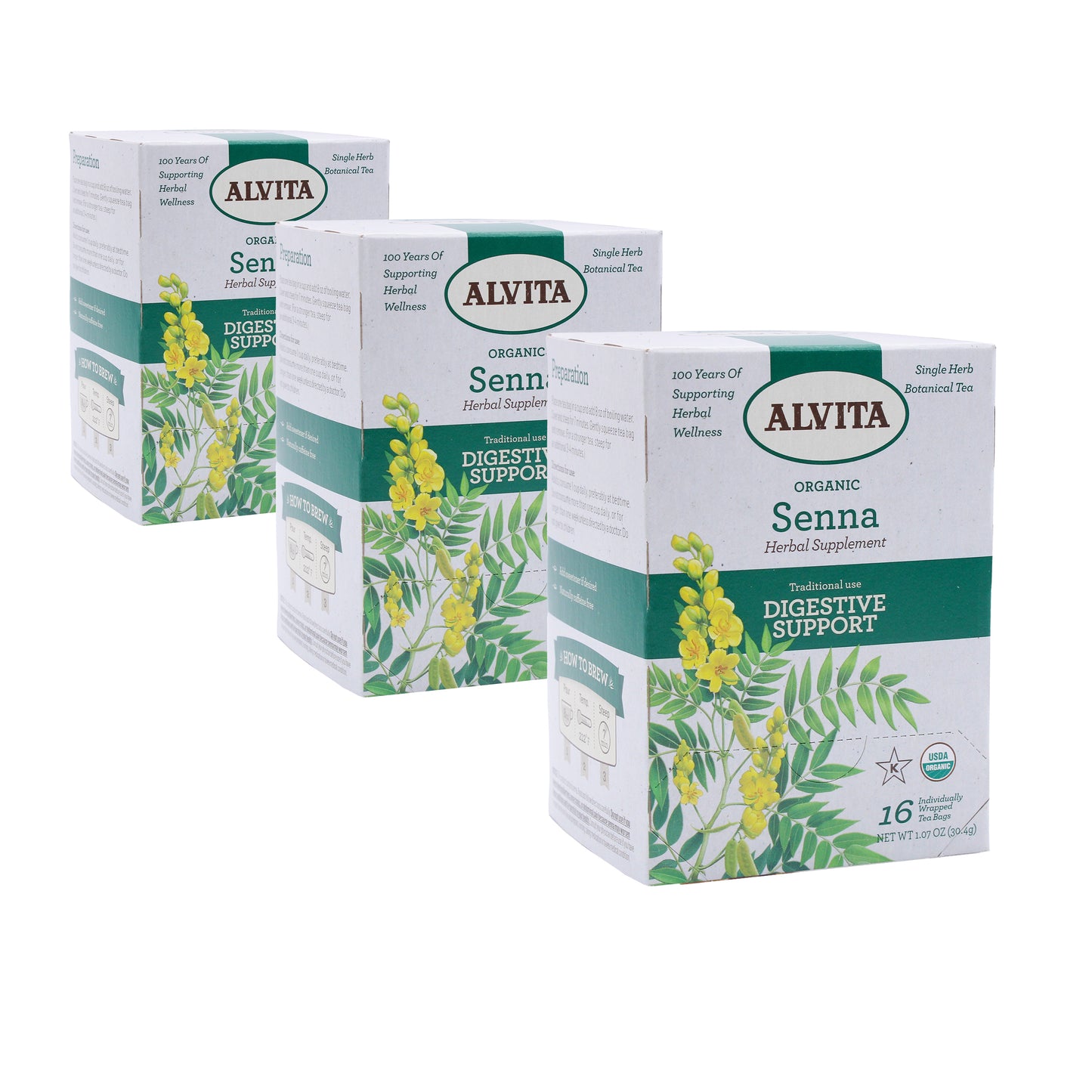 Alvita Organic Senna Tea, Herbal Organic Senna Tea Laxative, Senna Leaf Tea Bags for Colon Cleanse, Detox Tea, Constipation Relief (3 Pack - 16 Tea Bags Per Box)