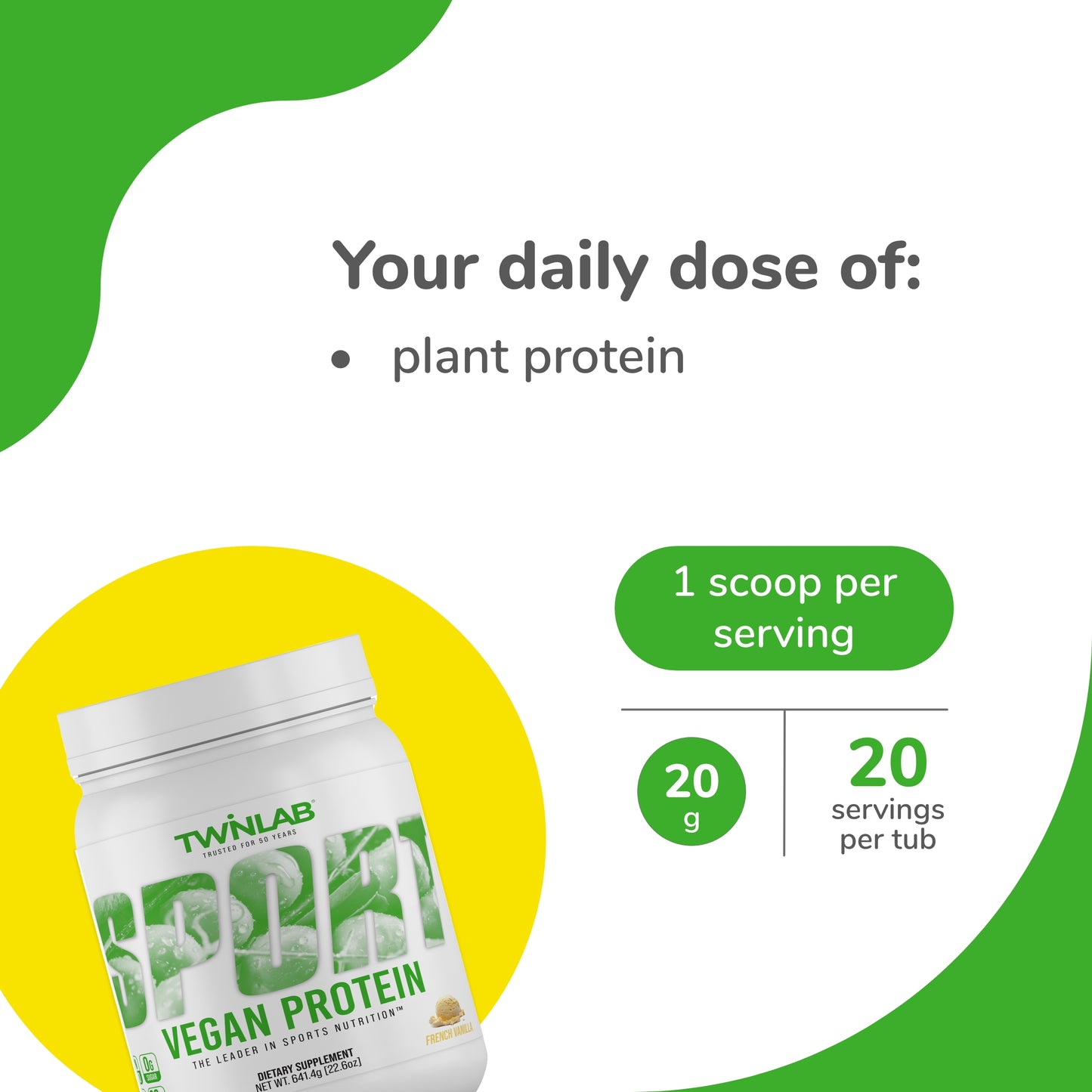 Twinlab SPORT Vegan Protein Powder, Vanilla, 22.60 Oz - 20 Servings (Pack of 2)