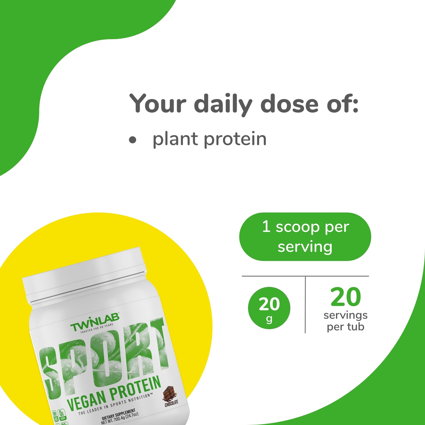 Twinlab SPORT Vegan Protein Powder, Chocolate, 24.7 Oz - 20 Servings (Pack of 2)