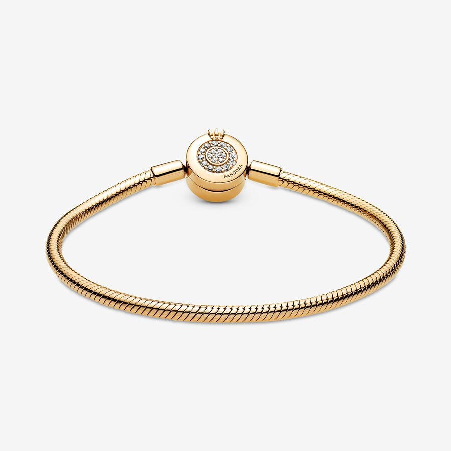 PANDORA Jewelry Signature I-D Open Bangle Bracelet for Women - 14k Gold-Plated - 8.1¬î, With Gift Box