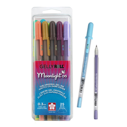 Sakura Gelly Roll Moonlight 25 Pack, 06 Fine point, Bright Opaque Ink Gel Pens, Creamy Smooth Ink, Writes on Dark Paper