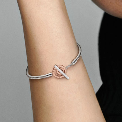 PANDORA Signature Two-tone Logo T-Bar Snake Chain Bracelet, 7.48", With Gift Box
