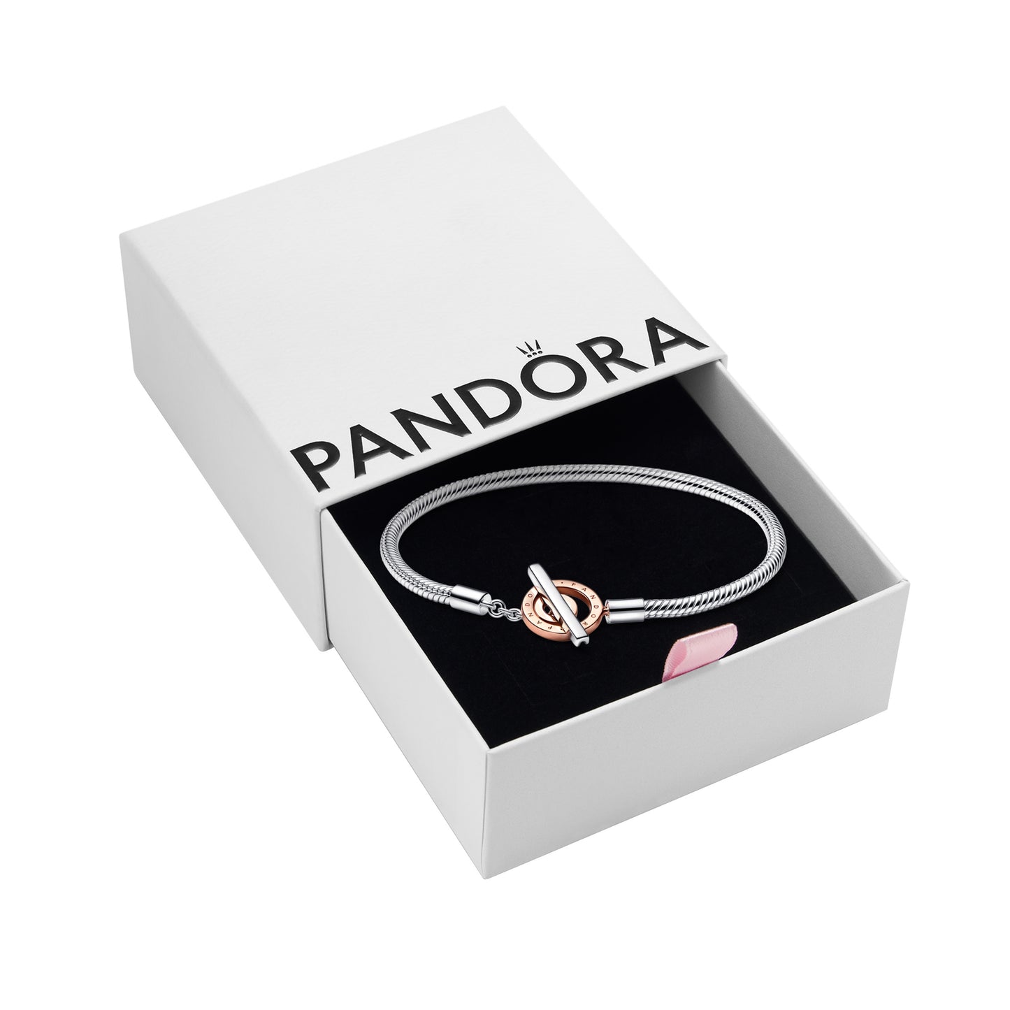 PANDORA Signature Two-tone Logo T-Bar Snake Chain Bracelet, 8.27", With Gift Box