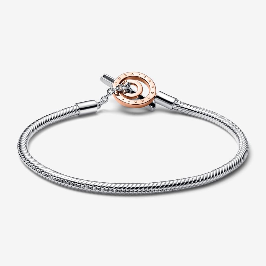 PANDORA Signature Two-tone Logo T-Bar Snake Chain Bracelet, 7.87", With Gift Box