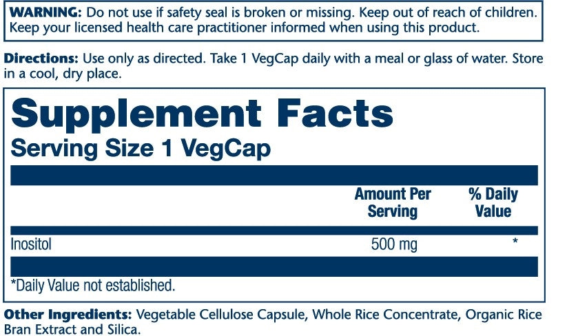 Solaray Inositol 500mg - 100 VegCaps - Non-GMO, Vegan - 100 Servings