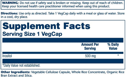 Solaray Inositol 500mg - 100 VegCaps - Non-GMO, Vegan - 100 Servings