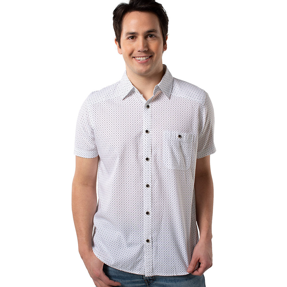Cariloha Men's Bamboo Woven Button-Up - Casual, Collared Short Sleeve Shirt - Medium - White/Navy