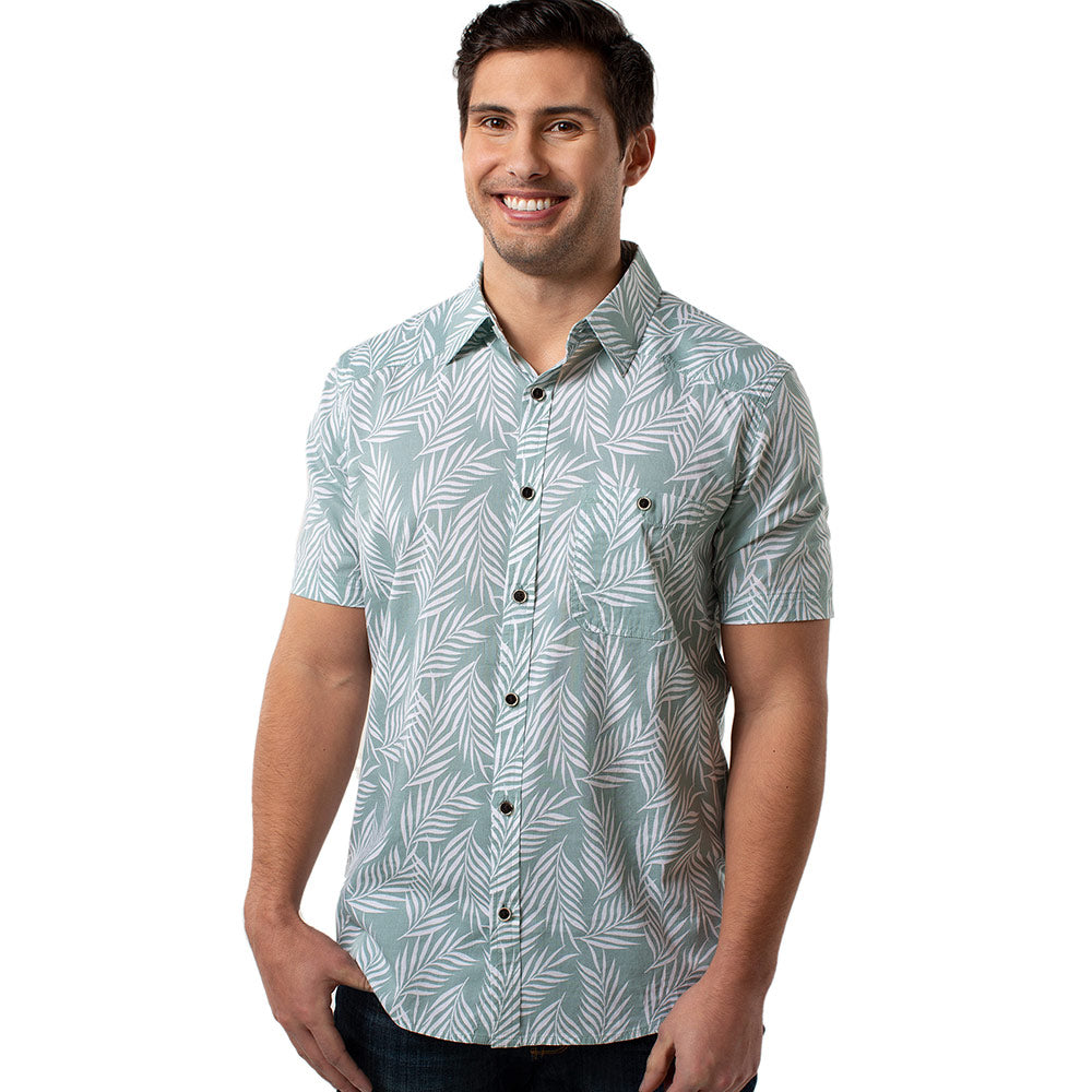 Cariloha Men's Bamboo Woven Button-Up - Casual, Collared Short Sleeve Shirt - Small - Ocean Green Foliage