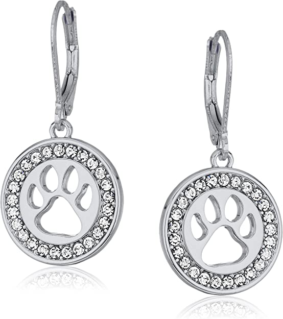Pet Friends Silvertone and Crystal Paw Leverback Drop Earrings, Silver