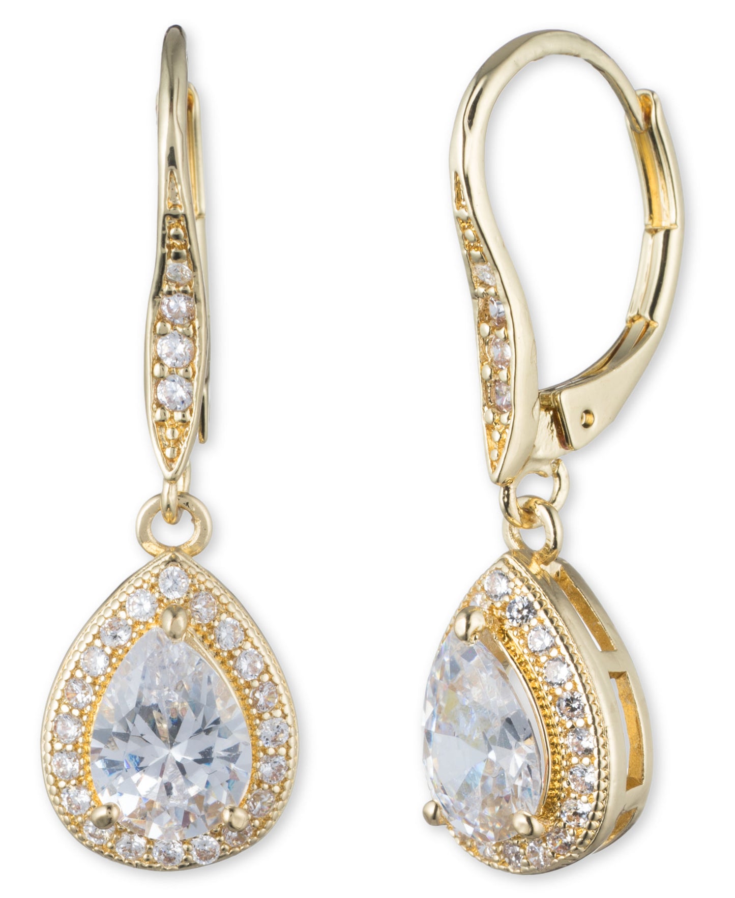 Anne Klein "Classics" Gold-Tone Cubic Zirconia Leverback Pear Shape Drop Earrings