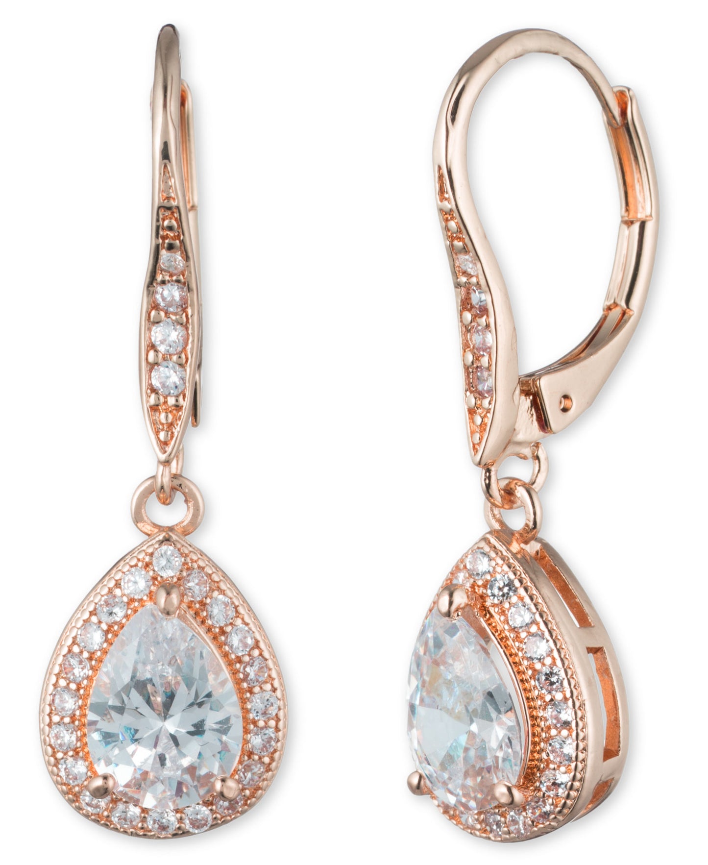 Anne Klein "Classics" Rose Gold-Tone Cubic Zirconia Leverback Pear Shape Drop Earrings