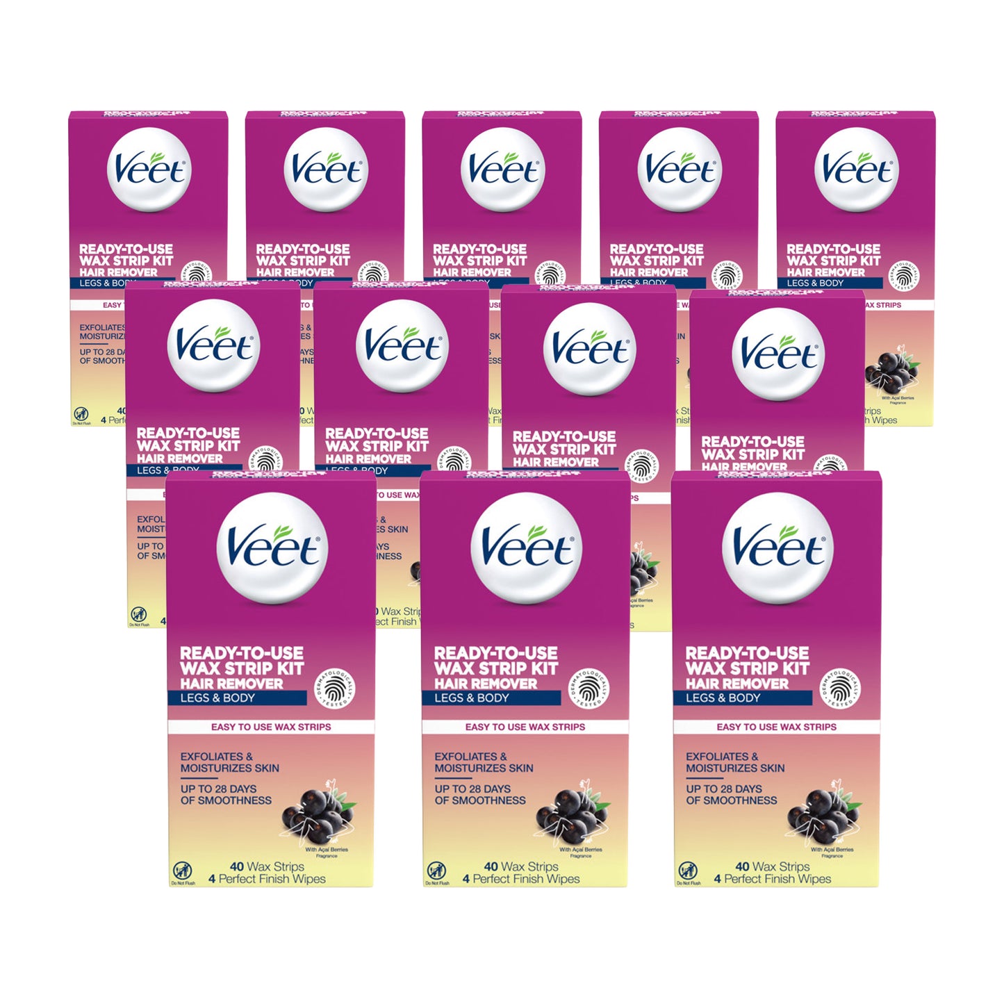 Veet Leg and Body Wax Strip Kit, 40 Wax Strips and 4 Wipes each (Value Pack of 12)