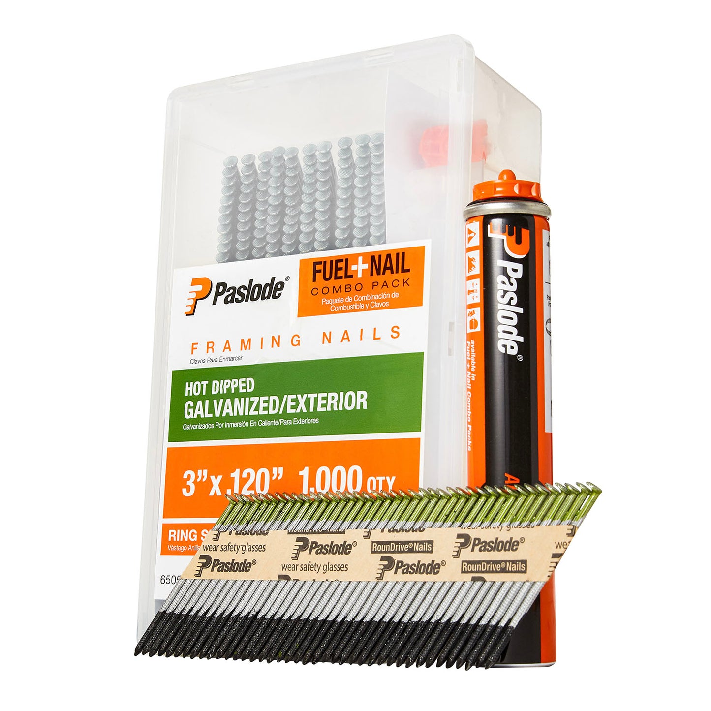 Paslode, Framing Nails and Fuel Pack, 650527, 3 inch x .120 Gauge, Ring Hot Dipped Galvanized, 1 Fuel Cell and 1,000 Nails