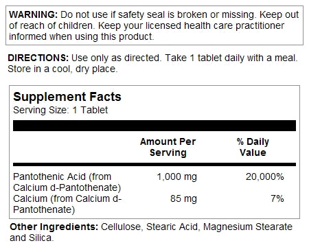KAL Pantothenic Acid Sustained Release 1000mg | For Energy Storage & Release | Supports Metabolism of Carbs, Fats & Proteins | Vegetarian | 100ct