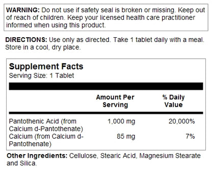 KAL Pantothenic Acid Sustained Release 1000mg | For Energy Storage & Release | Supports Metabolism of Carbs, Fats & Proteins | Vegetarian | 100ct