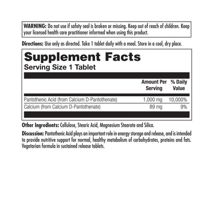 KAL Pantothenic Acid Sustained Release 1000mg | For Energy Storage & Release | Supports Metabolism of Carbs, Fats & Proteins | Vegetarian | 100ct
