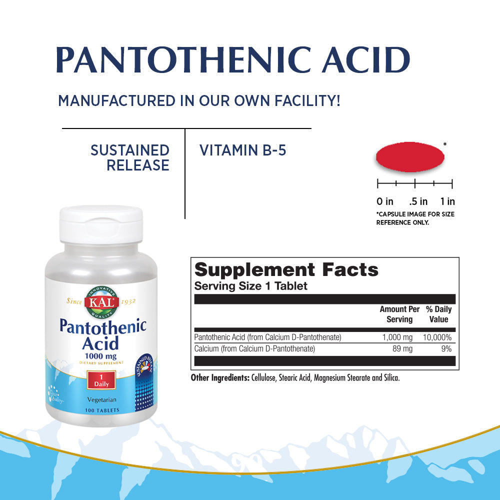 KAL Pantothenic Acid Sustained Release 1000mg | For Energy Storage & Release | Supports Metabolism of Carbs, Fats & Proteins | Vegetarian | 100ct
