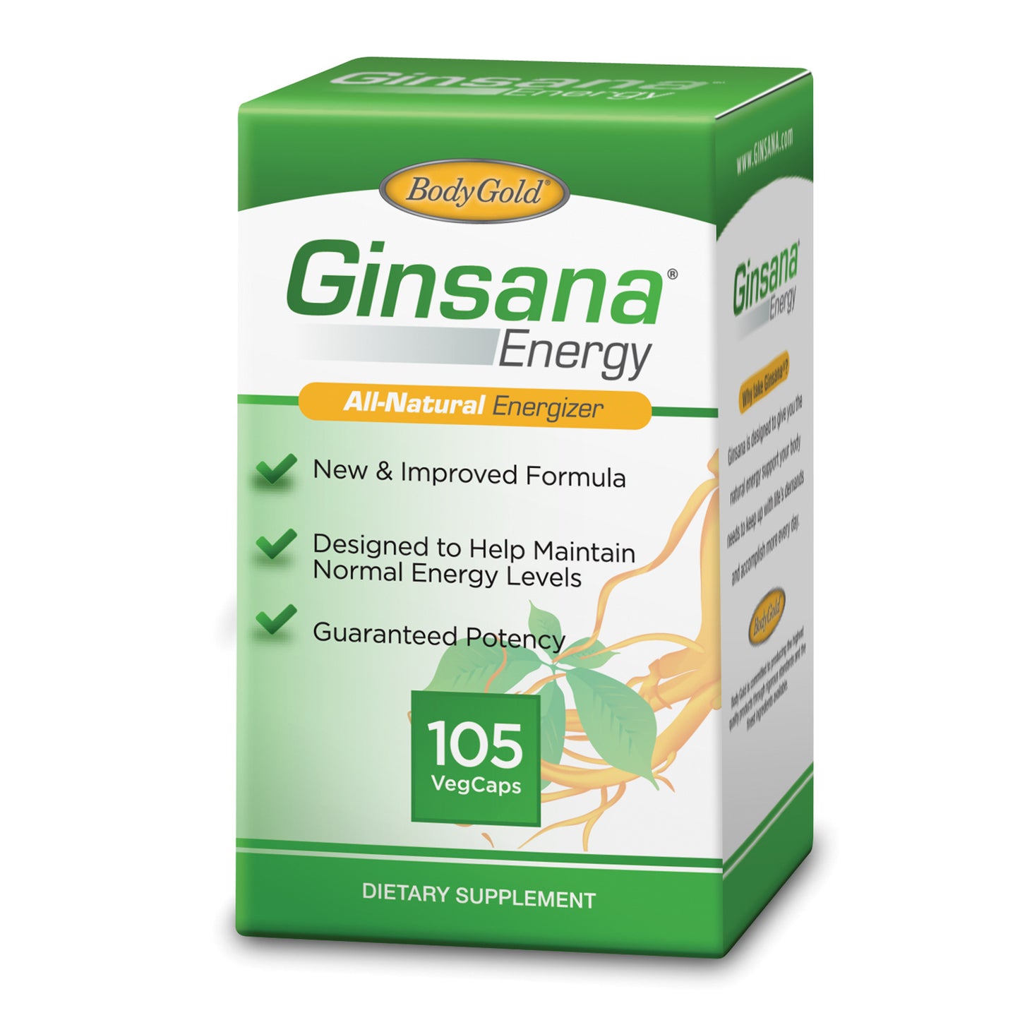 BodyGold Ginsana Energy | Panax Ginseng Extract w/ Energizing Herbal Blend for Focus & Endurance | Schizandra Berry, Eleuthero Root, and Decaffeinated Green Tea Leaf Extract | 52 Serv | 105 VegCaps