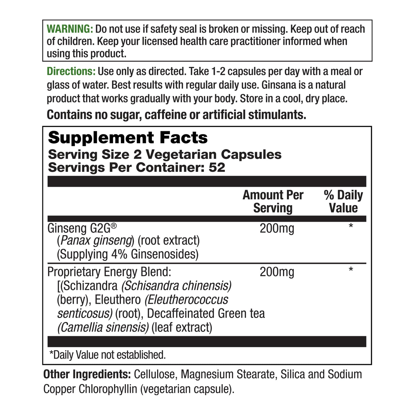 BodyGold Ginsana Energy | Panax Ginseng Extract w/ Energizing Herbal Blend for Focus & Endurance | Schizandra Berry, Eleuthero Root, and Decaffeinated Green Tea Leaf Extract | 52 Serv | 105 VegCaps