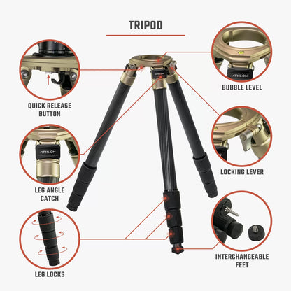 Athlon Optics Midas CF36 - Carbon Fiber Tripod (36mm tube), Ball Head (55mm), Soft sided carrying case, Accessories