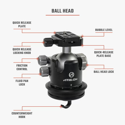 Athlon Optics Midas CF36 - Carbon Fiber Tripod (36mm tube), Ball Head (55mm), Soft sided carrying case, Accessories