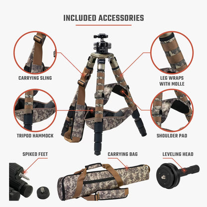 Athlon Optics Midas CF29 - Carbon Fiber Tripod (29mm tube), Ball Head (44mm), Soft sided carrying case, Accessories