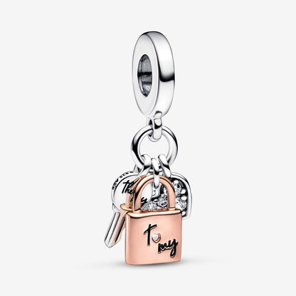 PANDORA Two-tone Key, Padlock & Heart Triple Dangle Charm 782506C01, With Gift Box