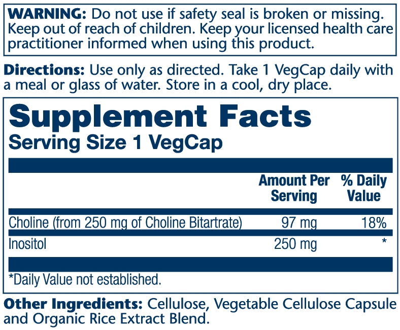 Solaray Choline & Inositol 250 mg | Two-Nutrient Combo for Healthy Fat Metabolism, Brain Function Support | 100 VegCaps