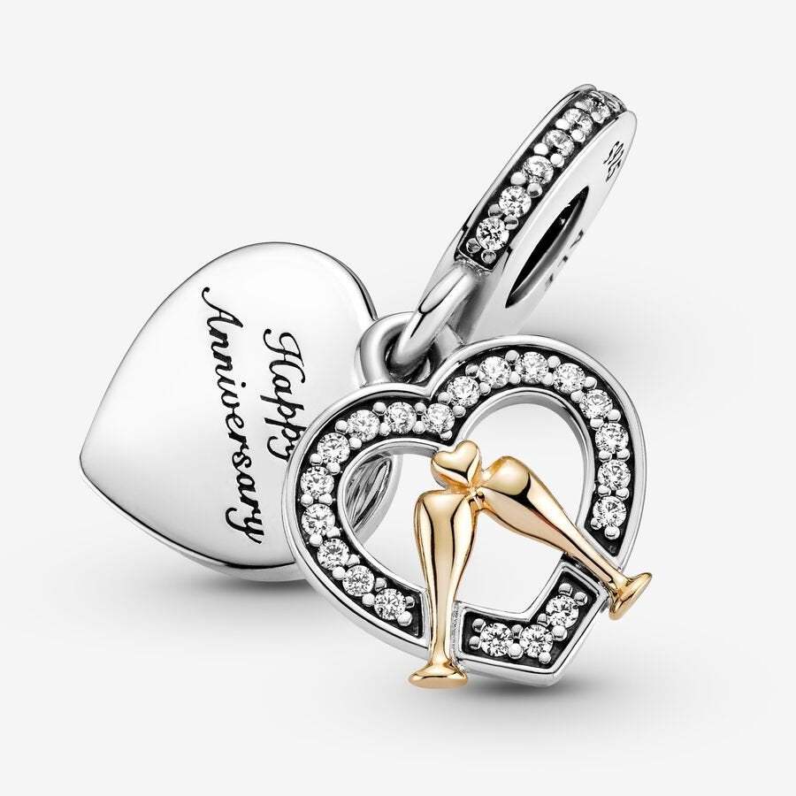 PANDORA Jewelry Two-tone Happy Anniversary Dangle Charm - Necklace or Bracelet Heart Charm for Women - The Perfect Gift for Her - Sterling Silver and 14k Gold-Plated with Cubic Zirconia, With Gift Box