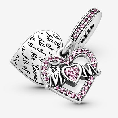 PANDORA Jewelry Heart and Mom Dangle Charm - Necklace or Bracelet Charm for Women - Sterling Silver with Pink Crystals, With Gift Box