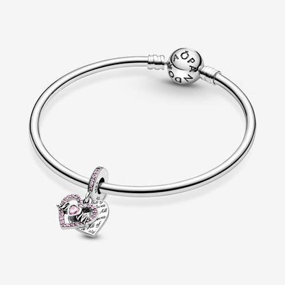 PANDORA Jewelry Heart and Mom Dangle Charm - Necklace or Bracelet Charm for Women - Sterling Silver with Pink Crystals, With Gift Box